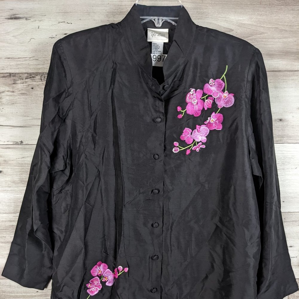 Yi Lin* Women's Long Sleeve Button Down Curved Hem‎ Floral Silk Blouse~ Large